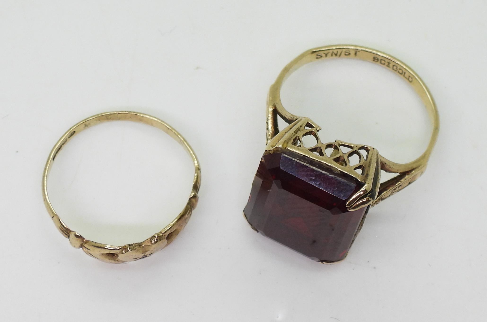 A 9ct gold ring set with a statement red glass gem, size M, together with a 9ct Claddagh ring set - Image 2 of 2