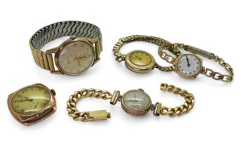 Three 9ct gold ladies watch heads, with gold plated straps, together with two gents examples to
