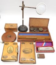 A mixed lot, comprising a leather-cased 100ft tape measure by Hockley Abbey, desk magnifier on heavy