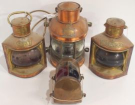 Four copper and brass maritime lamps, comprising a port/starboard pairing by H. Hughes & Son Ltd. of