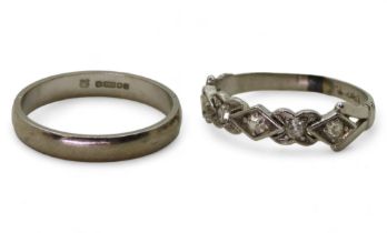 An 18ct white gold diamond set fancy band ring, size K, together with a 18ct white gold wedding