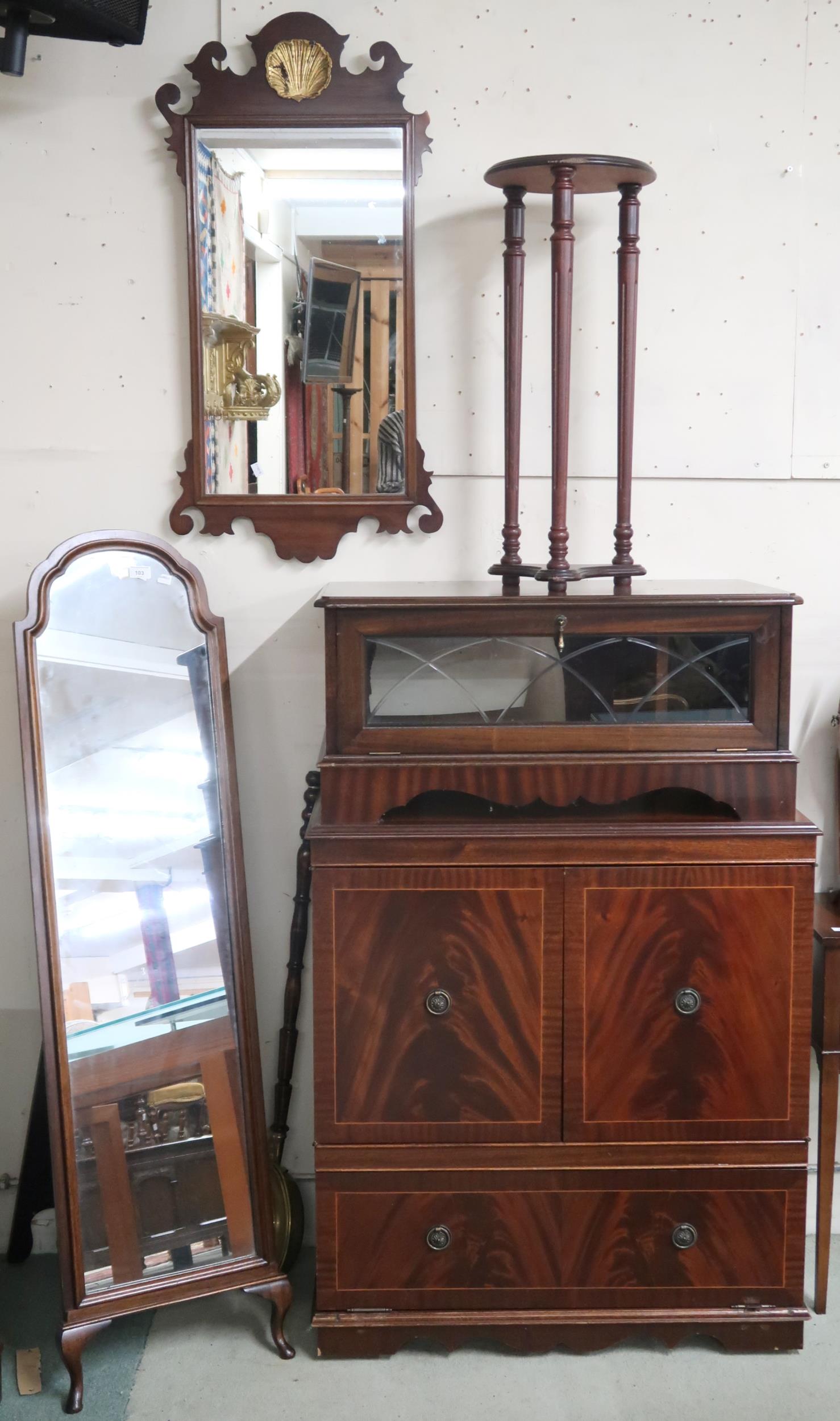 A mixed lot to include mahogany two door media unit, glass front tv cabinet, circular topped