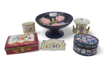 A Moorcroft magnolia pattern tazza, an oval Chinese enamel box, Limoges porcelain etc Condition
