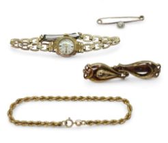 A 9ct gold rope chain bracelet, 9ct faux pearl brooch, a 9ct Rotary watch head with gold plated