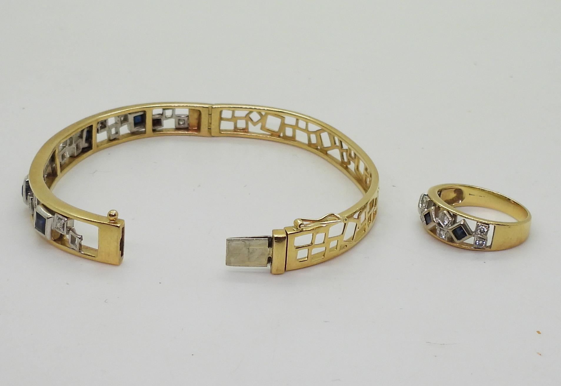 An 18ct gold sapphire and diamond bangle, with a matching ring, bangle set with estimated approx 0. - Image 3 of 3