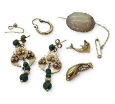 A pair of 9ct gold malachite earrings, a yellow metal diamond set dolphin shaped bangle finial, an