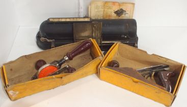 A Stanley No. 4 woodworking plane and hand drill, both boxed, together with a Protectograph cheque