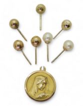 An (af) 18ct gold Virgin Mary pendant, with three and a half 9ct and yellow metal earrings, weight