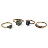 An 18ct gold clear gem cluster ring size M, weight 1.8gms, two 9ct gold gem set rings and a