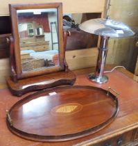 A lot comprising 20th century chromed Art Deco mushroom style table lamp, 19th century walnut oval