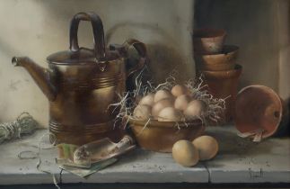 MARY DIPNALL (ENGLISH b.1936)  STILL LIFE WITH EGGS  Oil on canvas, signed lower right, 39 x 59cm