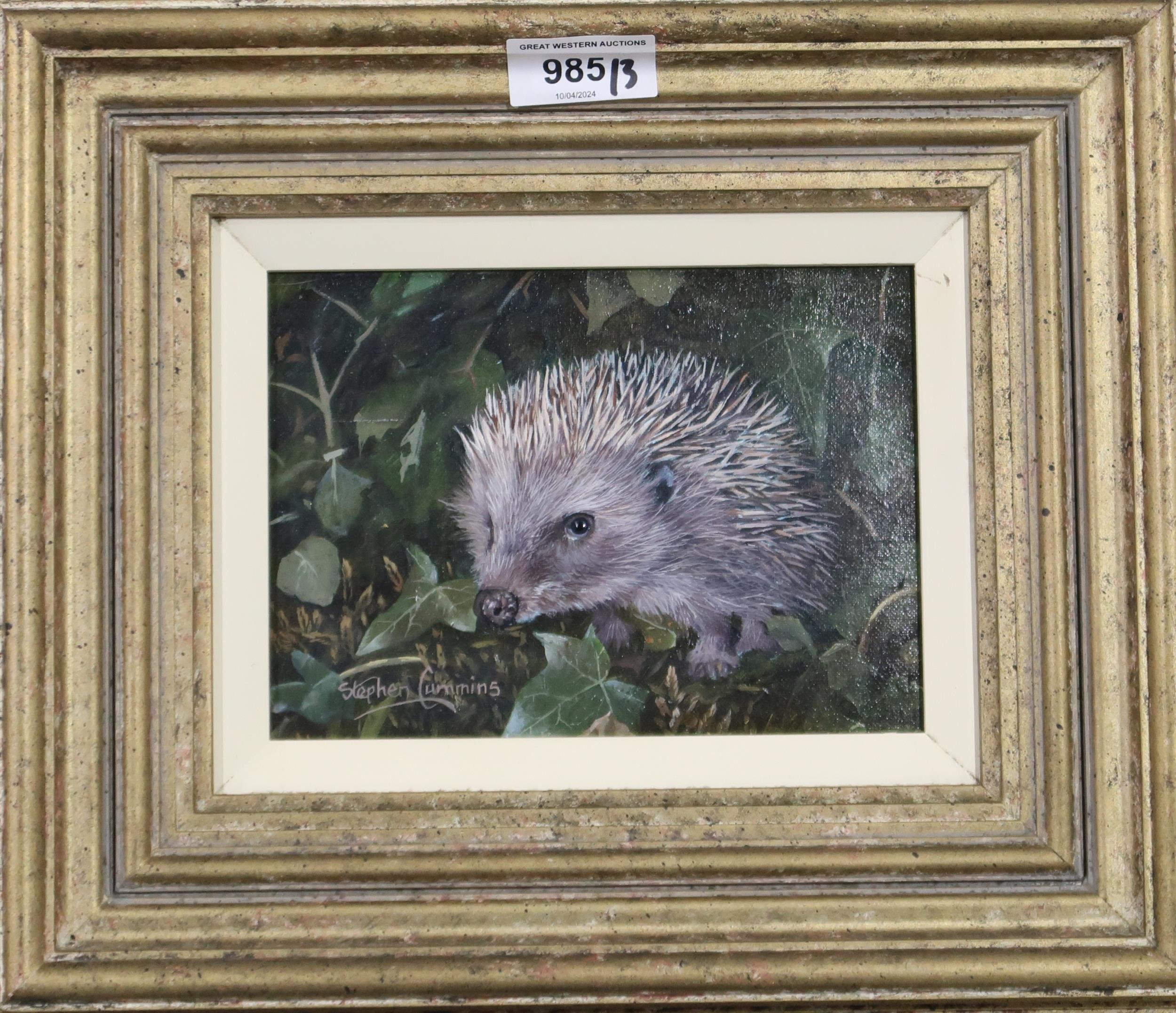 STEPHEN CUMMINGS (CONTEMPORARY SCHOOL)  HEDGEHOG  Oil on board, signed lower left, 12 x 17cm - Image 2 of 3