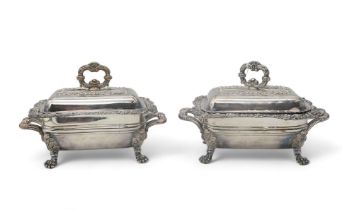 A pair of Georgian Sheffield plate entree dishes, of rectangular form, with floral borders, on