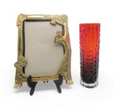 A Whitefriars red bark glass vase together with a brass Art Nouveau style frame Condition Report: