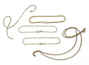Two 9ct gold necklaces, curb chain, 52cm, fine rope, 46cm, and three 9k chain bracelets weight all