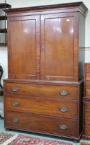 A Victorian mahogany linen press with moulded cornice over pair of panel doors on three drawer