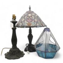 A leaded glass terrarium, a leaded and stained glass table lamp and a further base Condition