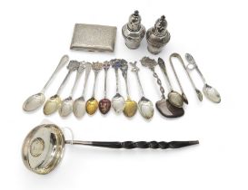 A collection of silver including a George III white metal ladle, with turned whalebone handle,