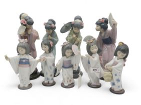A collection of Lladro figures including five Geisha girls, 6230,6231, 6150, 6151 & 6152, together