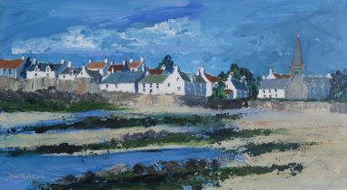 JANE DUCKFIELD (SCOTTISH b.1944)  CHURCH BY THE SEA  Oil on board, signed lower left, 24 x 43cm