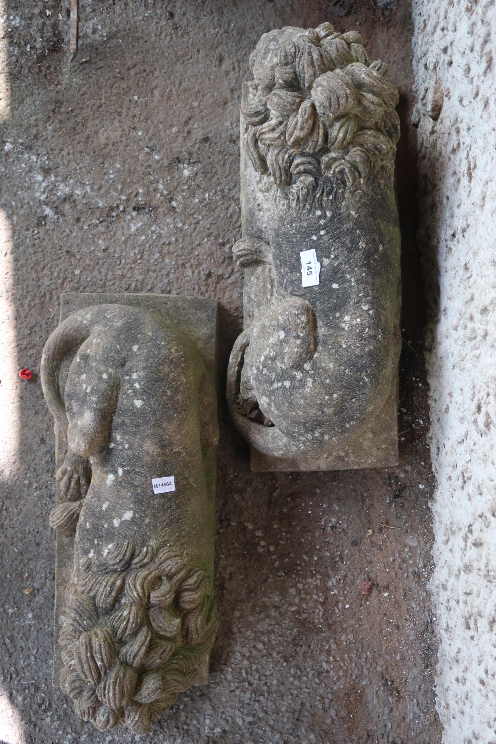 A pair of 20th century stoneware garden statues of sleeping lions, 21cm high x 49cm long x 20cm deep - Image 3 of 4