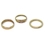An 18ct gold five stone diamond ring (one missing) size l, and two wedding rings sizes M, and N,