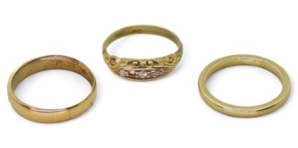 An 18ct gold five stone diamond ring (one missing) size l, and two wedding rings sizes M, and N,