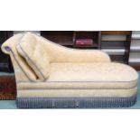 A contemporary yellow damask upholstered chaise longue, 70cm high x 145cm long x 57cm deep Condition