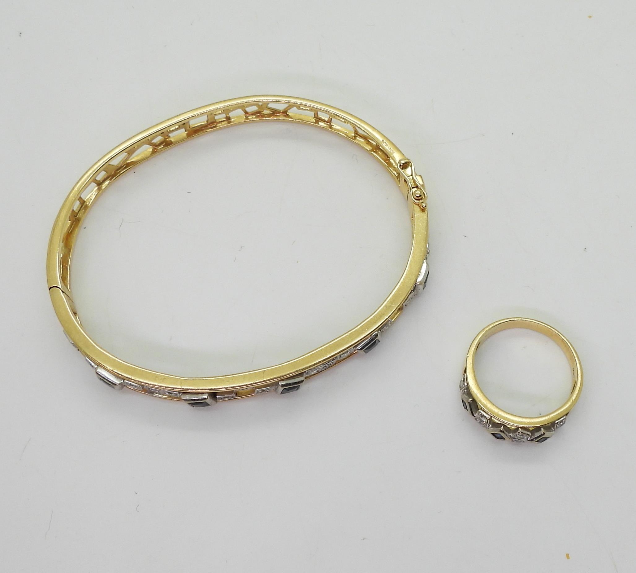 An 18ct gold sapphire and diamond bangle, with a matching ring, bangle set with estimated approx 0. - Image 2 of 3