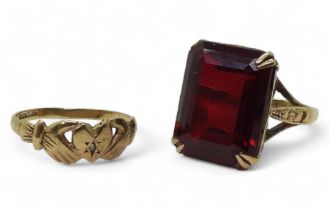 A 9ct gold ring set with a statement red glass gem, size M, together with a 9ct Claddagh ring set