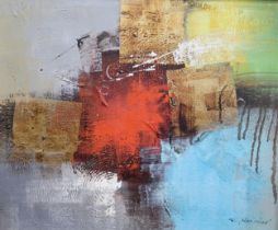 R. MANCINI (CONTEMPORARY SCHOOL)  ABSTRACT IN RED AND GOLD  Oil on canvas, signed lower right, 49.