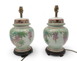 A pair of Chinese style pottery lamps decorated with wisteria Condition Report:Available upon