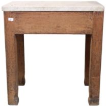 A late 19th century marble topped pine kitchen prep table with square supports with chamfered