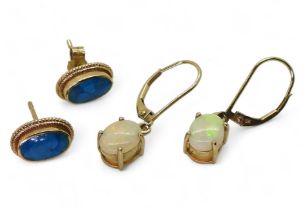 A 9ct gold pair of white opal earrings, together with a pair of turquoise earrings 4gms Condition