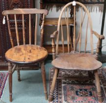 A lot comprising a late 19th century elm Windsor style rail back armchair, 89cm high x 50cm wide x