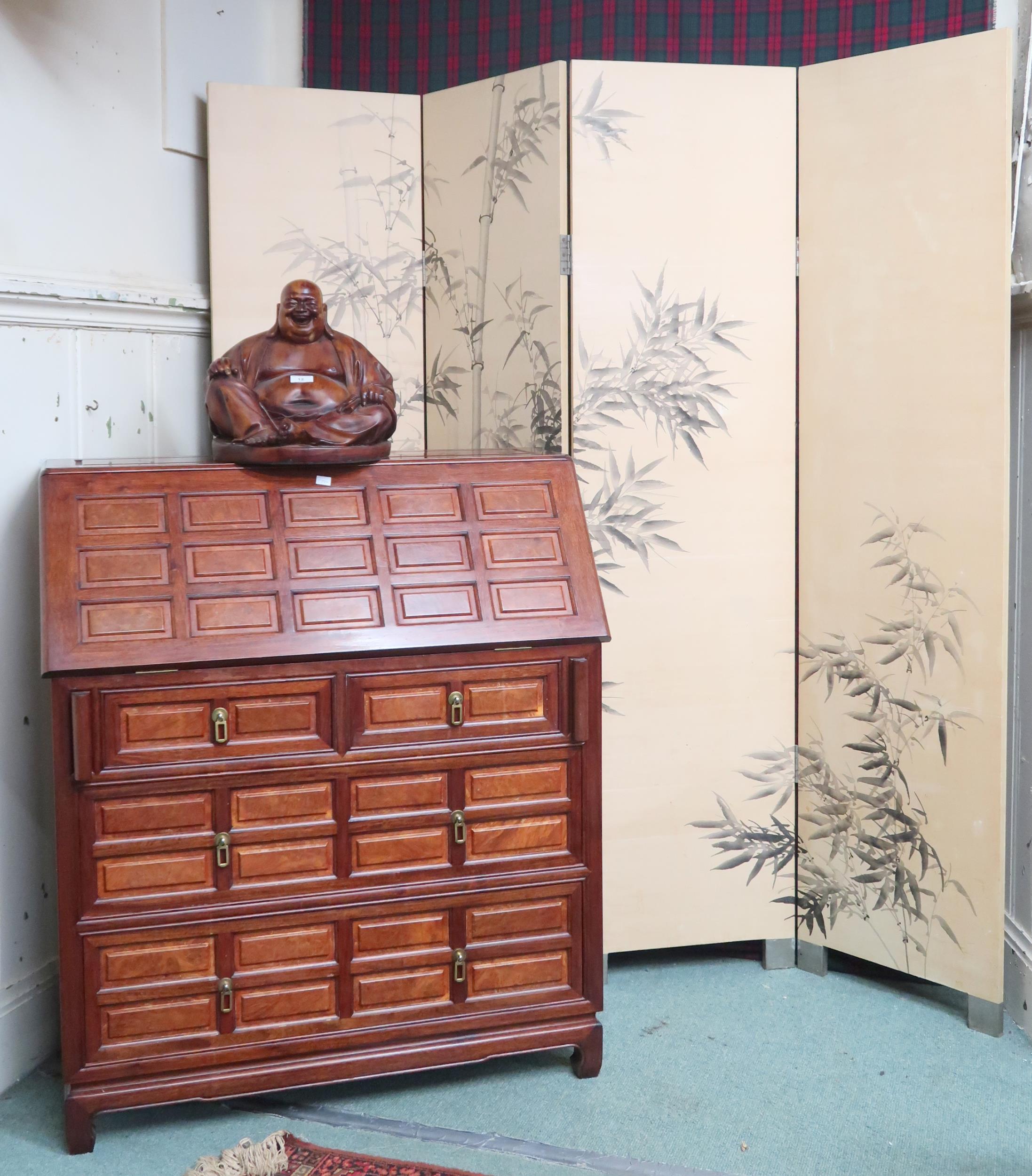A lot to include Oriental hardwood fall front writing bureau, 106cm high x 91cm wide x 43cm deep and