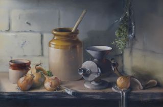 MARY DIPNALL (ENGLISH b.1936)  STILL LIFE WITH ONIONS  Oil on canvas, signed lower right, 38.5 x