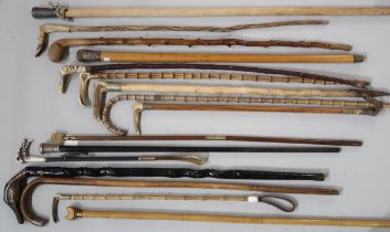 A large collection of walking sticks and riding crops, to include an ebonised walking cane with