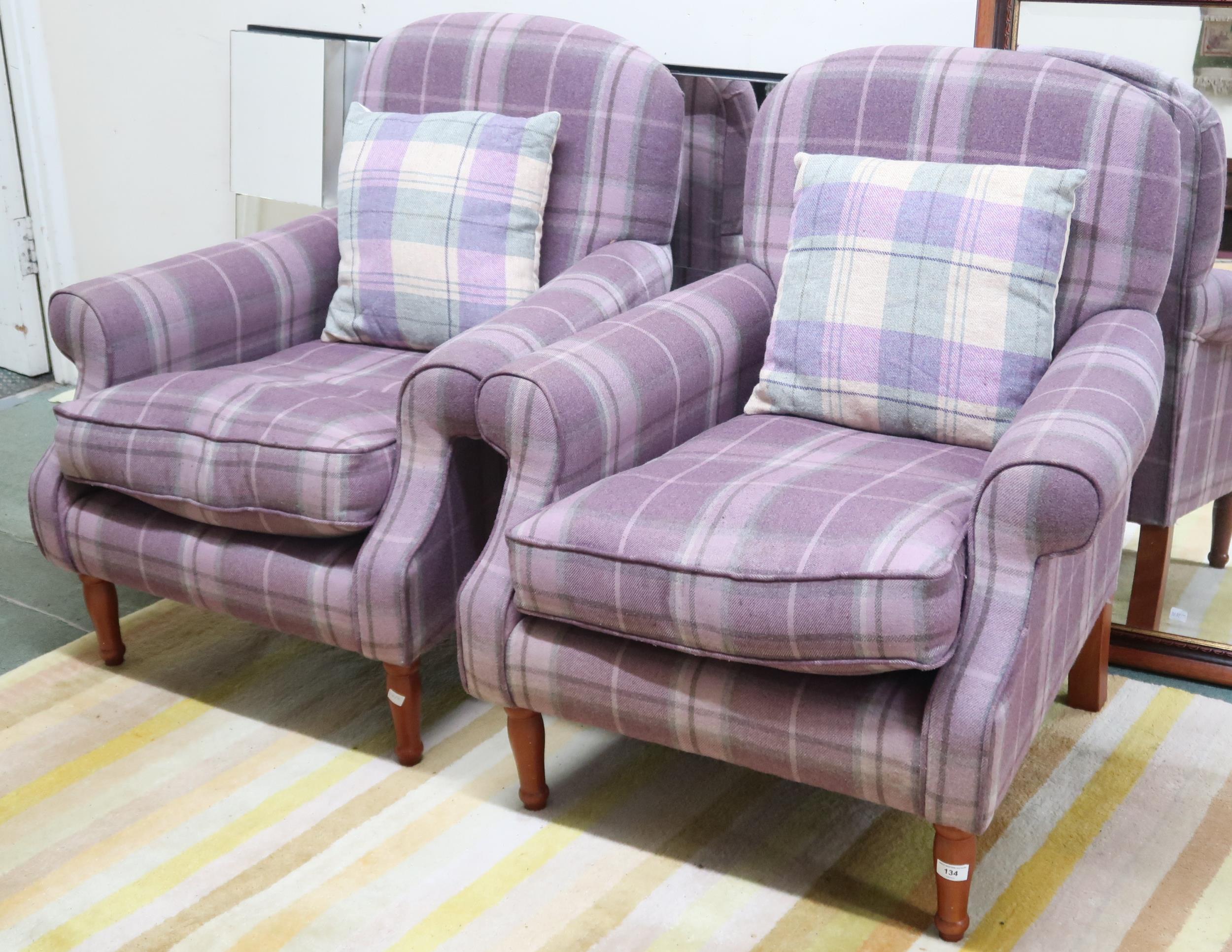 A pair of contemporary armchair upholstered in purple plaid wool fabric with Quallofil by Dacron - Image 2 of 2