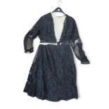 A collection of Victorian/Edwardian ladies dress including a black lace skirt and top, blue velvet