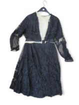 A collection of Victorian/Edwardian ladies dress including a black lace skirt and top, blue velvet