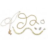 A collection of gold and yellow metal to include a braided 9ct bracelet, 9ct rope chain a