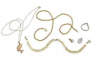 A collection of gold and yellow metal to include a braided 9ct bracelet, 9ct rope chain a