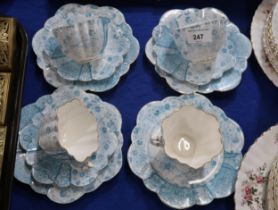 Three Wileman blue and white trios, Rd numbers 117220 and 115510 together with extra plate and cup