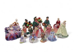 A collection of Royal Doulton figures including Sweet and Twenty, The Balloon Seller, The Orange