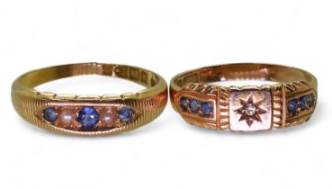 An 18ct gold sapphire and pearl ring, with Chester hallmarks for 1895, size O1/2, and a 15ct gold