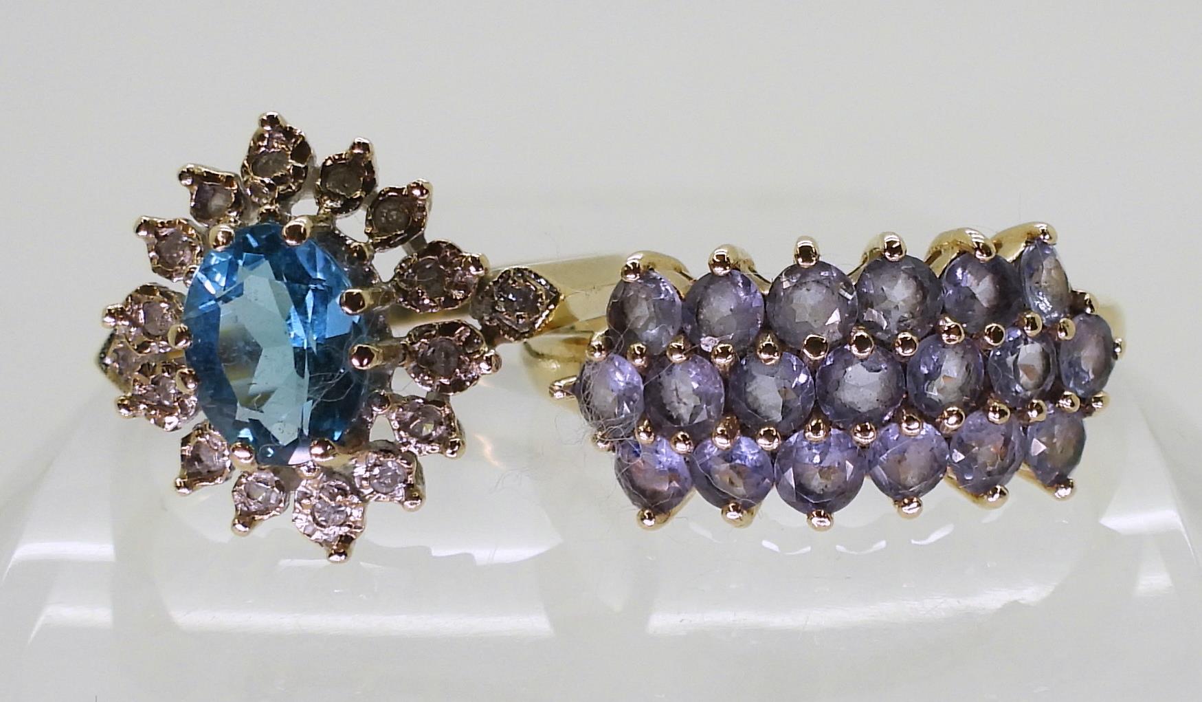 A 9ct blue topaz and  diamond ring, size R, together with a 10k gold tanzanite cluster ring, size X, - Image 3 of 5