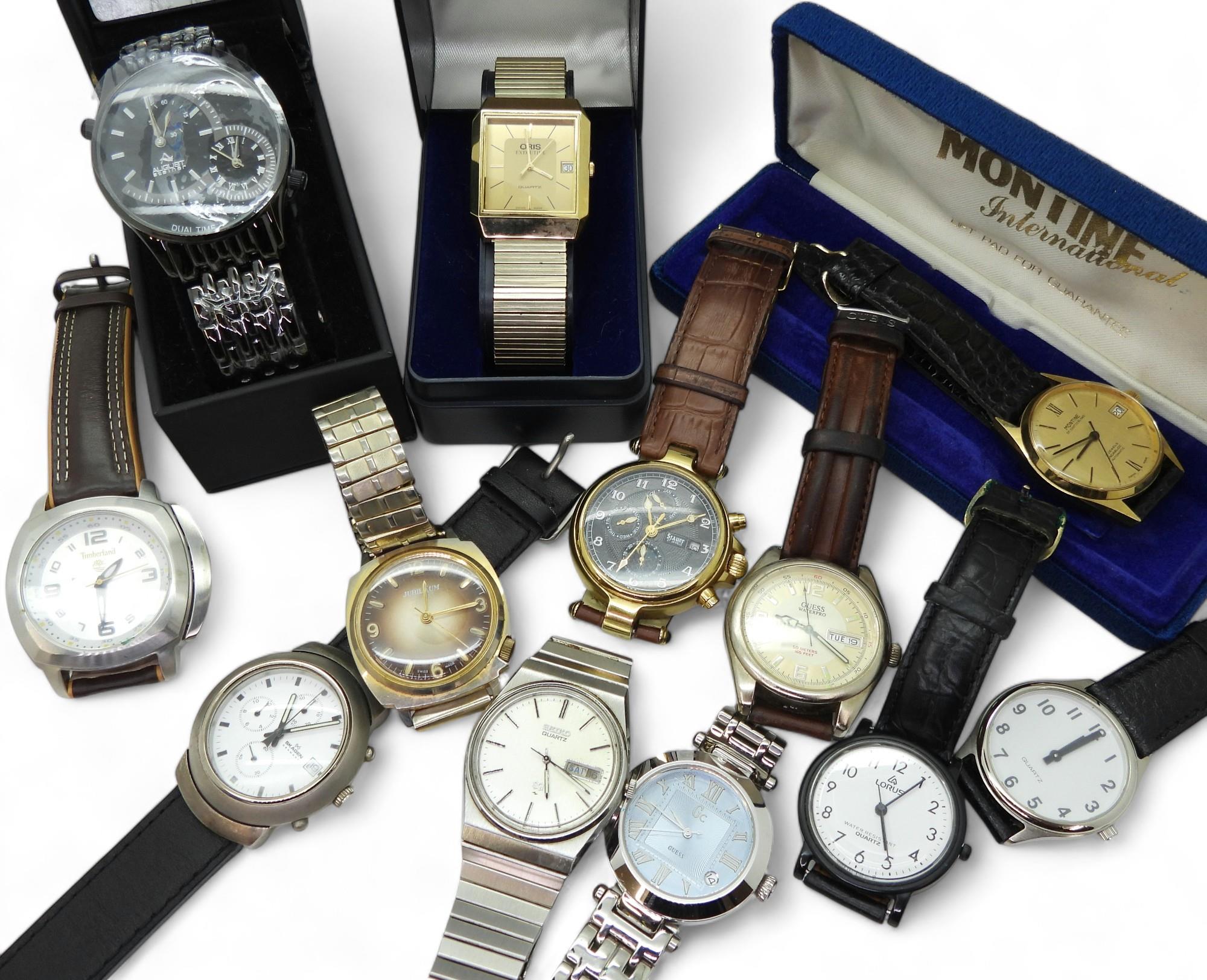 A collection of fashion watches to include, Oris, Montine, Seiko, Stauer and Skagen Condition