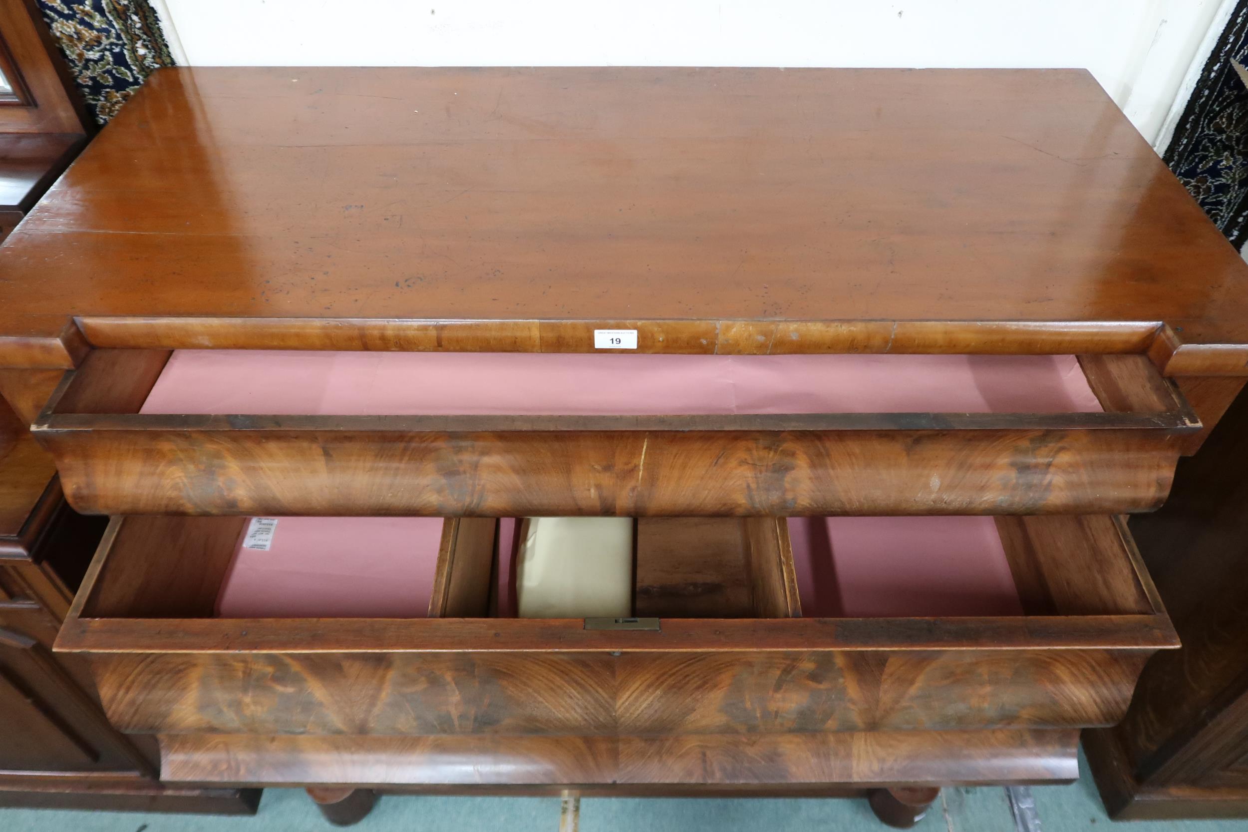 A Victorian mahogany and walnut veneered Ogee chest of drawers with two long ogee frieze drawers - Image 2 of 2