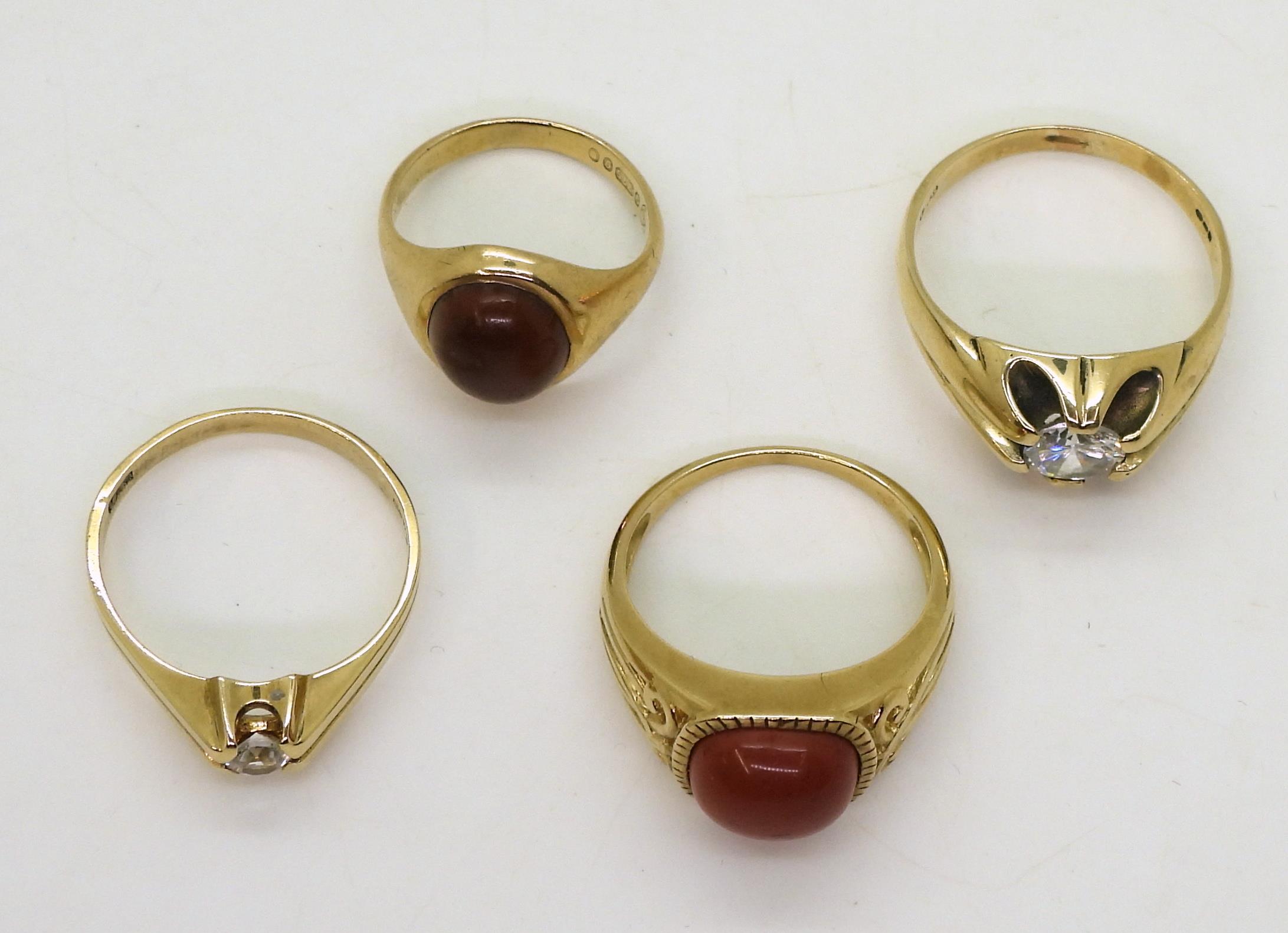 Four 9ct gold rings, large cz gypsy ring Z1/2, smaller example V1/2, red jasper W, brown gemN1/2. - Image 3 of 3
